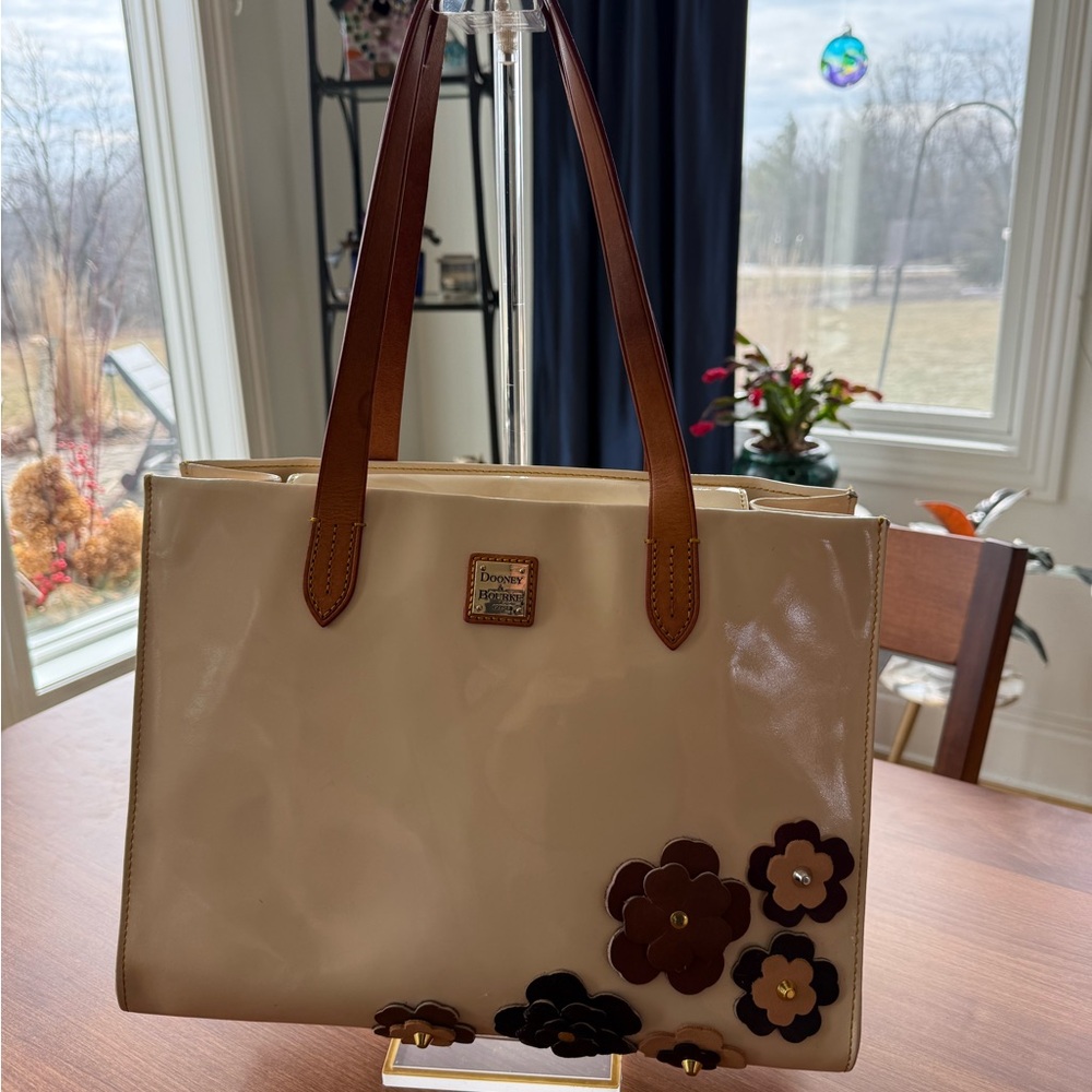 Upcrafted Dooney & Bourke Cream Patent  Tote Bag with leather flowers